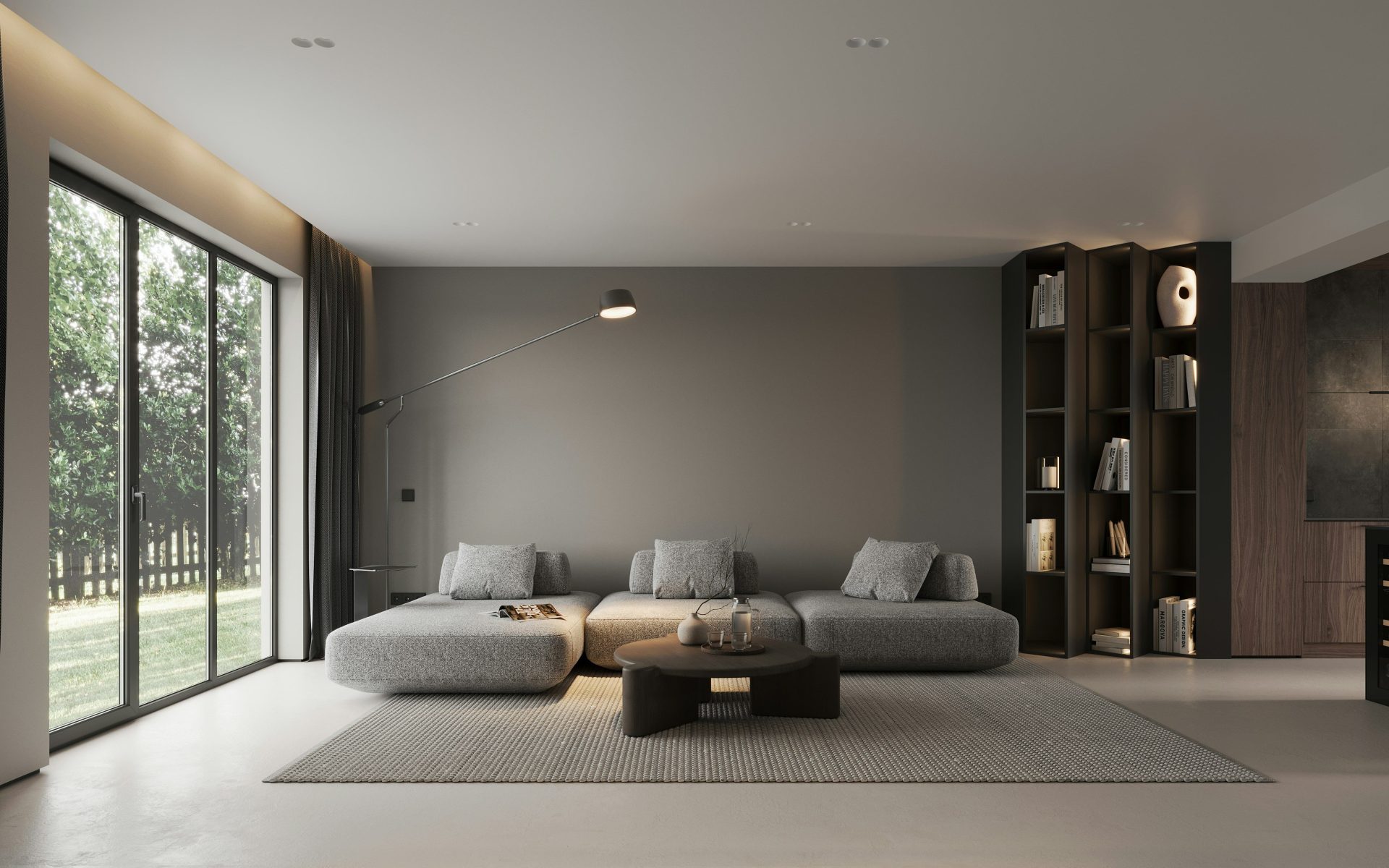 A modern living room with a large window